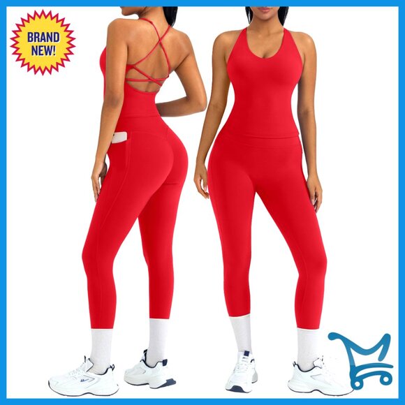 2 Piece Workout Set Padded Top Scrunch Leggings Gym Activewear Matching